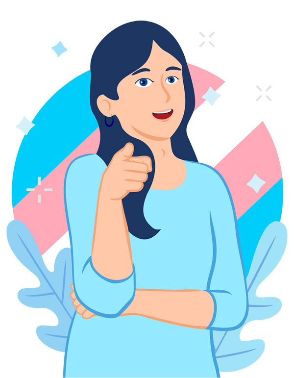 Smiling person pointing a finger at you, with a circle shape of the transgender flag behind them. 