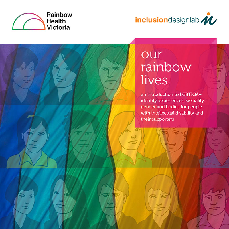 Our Rainbow Lives book cover with many faces overlayed with a rainbow flag