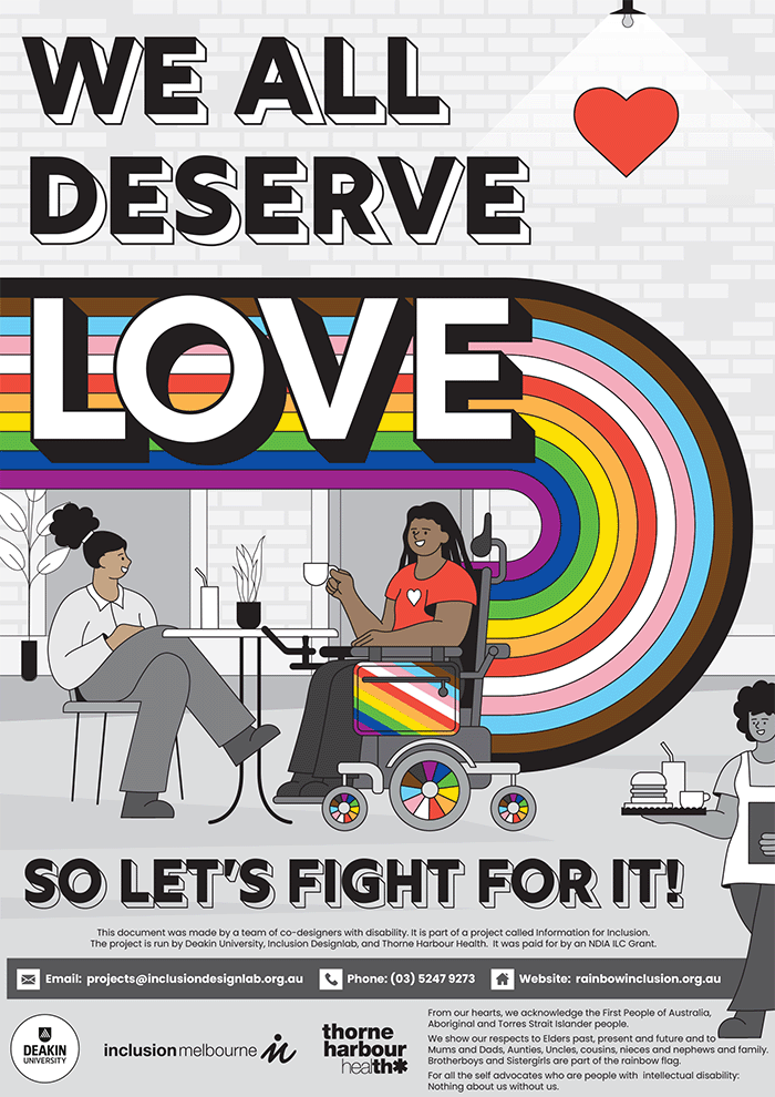 We all deserve love poster - so lets fight for it! 2 people in cafe having a coffee, with a colourful rainbow leading to the person in a motorised wheelchair.